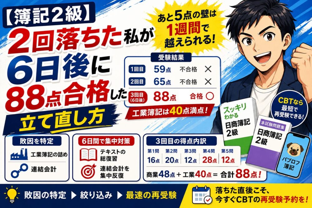 【簿記2級】2回落ちた私が6日後に88点合格